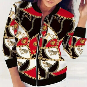 Long Sleeve Slight Chain Print Zipper Jacket (Color: Mixed Colors)